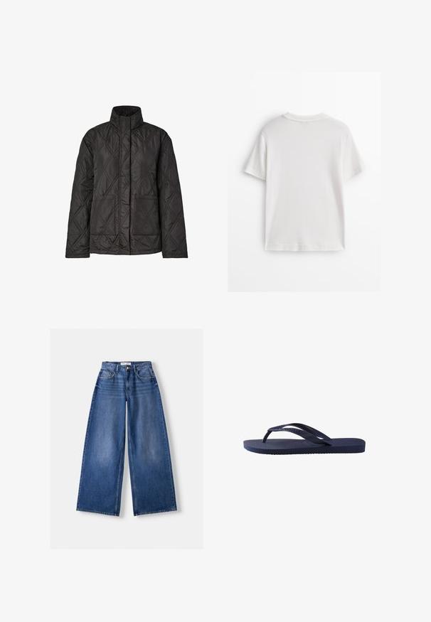 Černá prošívaná bunda s vysokým límcem, s diamantovým vzorem, dvěma předními kapsami a dlouhými rukávy. Vyrobena z lehké látky.; Bílé bavlněné tričko s krátkými rukávy, kulatým výstřihem a hladkou texturou. Zadní strana je jednoduchá bez dalších vzorů nebo designů.; Bershka WIDE-LEG - Wide leg - dark blue; Tmavě modré žabky s texturovanými gumovými popruhy a podešví, s vlnkovaným vzorem na popruzích a plochým, vroubkovaným stélkou.