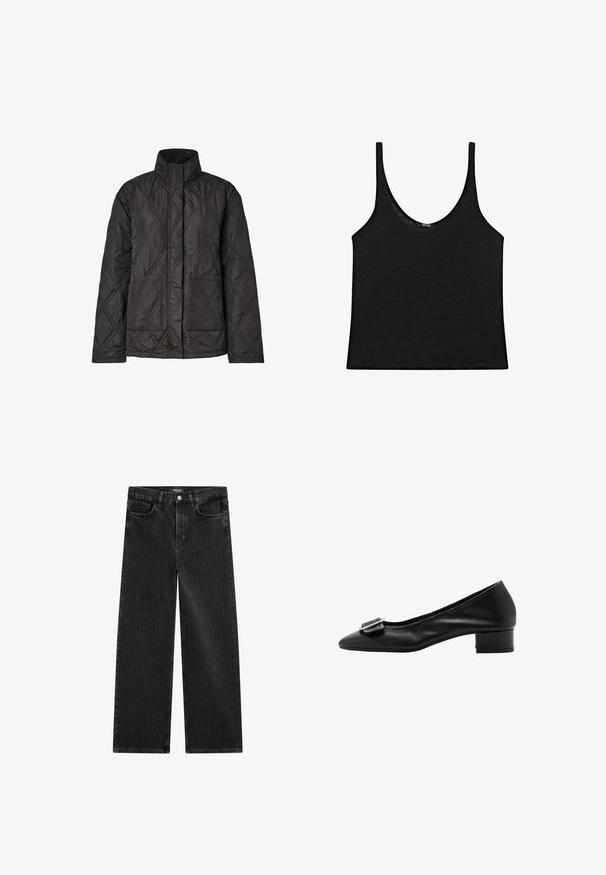 Giacca nera trapuntata con colletto alto, due tasche frontali e un motivo a diamante sul tessuto testurizzato.; Top nero in un tessuto morbido con scollatura rotonda e spalline sottili. Design semplice, corto, con bordi puliti e senza fantasie.; Jeans in denim nero a gamba larga con un sottile motivo a righe verticali, dotati di cinque tasche e una chiusura a bottone classica in vita.; Pumps in pelle nera con punta affusolata, tacco basso a blocco e dettaglio decorativo con fibbia sul davanti. Texture liscia e design semplice.