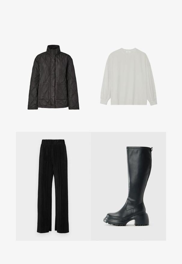 Casaco preto acolchoado com gola alta, apresentando um padrão em losangos, dois bolsos frontais e mangas compridas. Feito de tecido leve.; Camisola de manga longa cinza clara, feita de algodão suave. Apresenta um corte solto, decote redondo e punhos ligeiramente franzidos. Sem padrões nem gráficos.; Calças pregueadas pretas com uma cintura elástica. Apresentam pernas largas e um tecido liso, texturizado com riscas verticais.; Bota preta de couro alta com sola de plataforma robusta e salto bloco, apresentando puxador e padrão texturizado na sola.