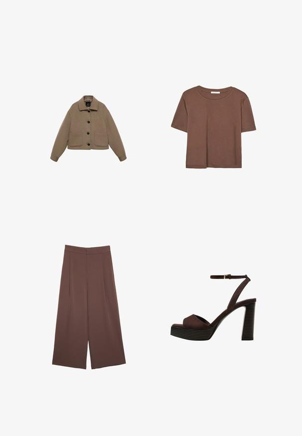 Gekürzte braune Wolljacke mit kragenförmigem Ausschnitt, vier vorderen Taschen und sechs schwarzen Knöpfen. Weicher Stoff und lockere Passform.; Braunes, kurzärmliges T-Shirt aus weichem Material mit rundem Halsausschnitt und lockerer Passform. Keine sichtbaren Muster oder Akzente.; Braune Weite-Leg-Hosen mit einer glatten Textur, hoher Taille und Vorderfalten. Der Stoff ist leicht und fällt locker.; Braune Wildleder-Pumps mit offenem Zeh, verstellbarem Knöchelriemen und gestreiftem Plateausohlen.