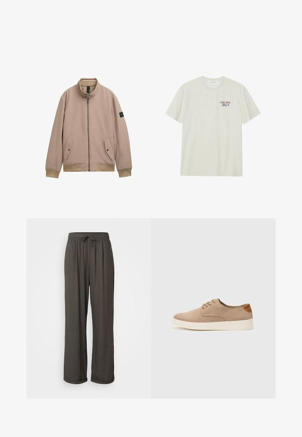 Jasno-beżowa kurtka bomberka z wysokim kołnierzem, przednim zamkiem, dwoma bocznymi kieszeniami, ściągaczami przy mankietach i dolnej krawędzi oraz małą naszywką z logo na rękawie.; Jasna kremowa bawełniana koszulka z krótkim rękawem. Posiada małą niebiesko-czerwoną grafikę marlin oraz napis "MARLIN TROPHY".; Ciemnoszare spodnie typu wide-leg z elastycznym pasem, wykonane z miękkiego, teksturowanego materiału, z podwiniętymi mankietami przy kostkach.; Beżowe zamszowe sneakersy z okrągłym noskiem, sznurowanym przodem i teksturowanym akcentem na tyle. Biała gumowa podeszwa tworzy kontrast. Prosty i nowoczesny design.