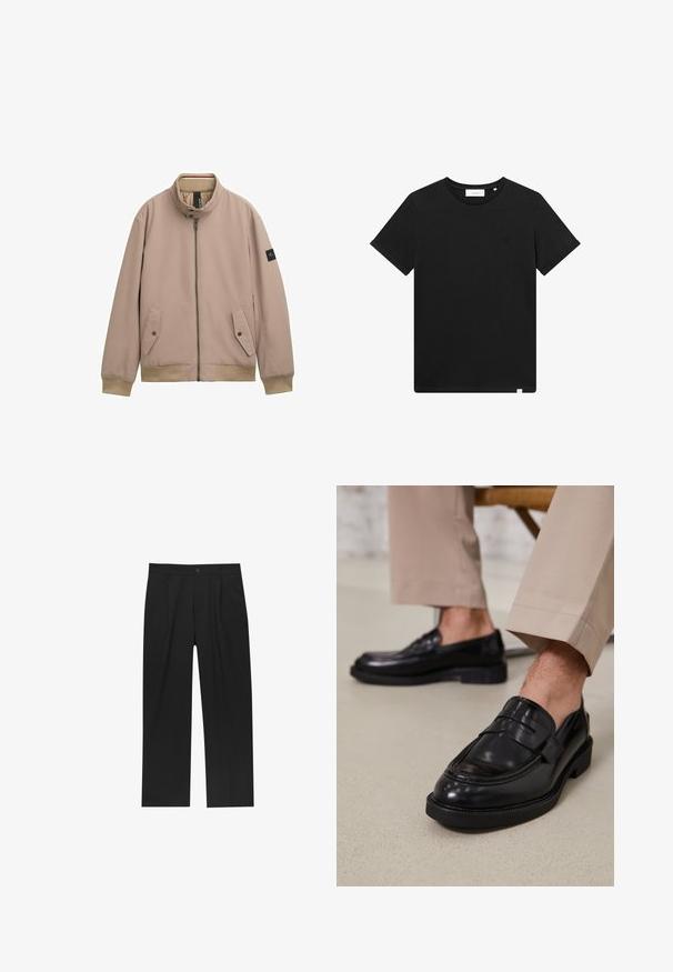 Lichtbeige bomberjack met een hoge kraag, frontale rits, twee zijzakken, ribgebreide manchetten en onderrand, en een klein logopatch op de mouw.; Zwarte T-shirt met korte mouwen van katoen, met een ronde hals en een klein logo geborduurd op de borst. Soepele textuur, normale pasvorm.; Zwarte broeken met een recht model, gemaakt van een gladde stof. Voorzien van een voorplooien en een enkele knoopsluiting bij de taille.; Zwarte leren loafers met een gladde afwerking, voorzien van een decoratieve band en contrasterende stiksels, gecombineerd met beige broeken.