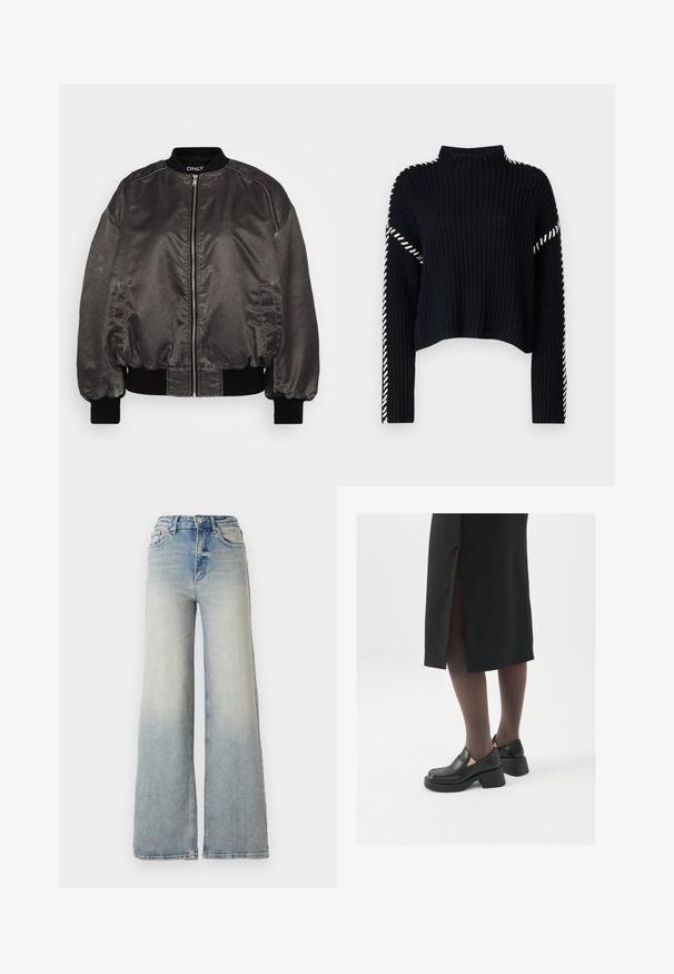 Črna bomberska jakna iz gladkega, sijočega materiala z zadrgo spredaj, rebrastim ovratnikom in manšetami ter stranskimi žepi. Ima sproščen kroj.; Vero Moda VMNEWCREAM FUNNELNECK PULLOVER - Pulover - black/birch; Svijetloplave široke traperice s visokim strukom, koje imaju pet džepova i vidljivo šivanje uz šavove.; Črne usnjene čevlje s zaobljenim prstom, debelim blokastim petama in elastičnimi stranskimi detajli, v kombinaciji s temno nogavicami in črno krilo z razporkom.