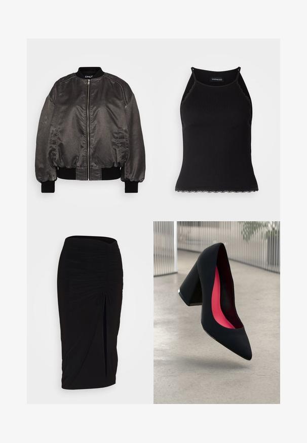 Čierna bombera bunda z hladkého, lesklého materiálu so zipsom na prednej strane, rebrovaným golierom a manžetami a bočnými vreckami. Má uvoľnený strih.; Čierny rebrovaný top bez rukávov so zvlneným čipkovým lemovaním na spodnom leme. Má tenké ramienka a priliehavý strih. Vyrobené z elastického materiálu.; Čierna, riasená ceruzková sukňa s viazaním a bočným rozparkom. Vyrobená z elastického materiálu, s hladkou textúrou a priliehavým dizajnom.; Čierna lodička na vysokom opätku s špicatou špičkou, štruktúrovaným povrchom a živým ružovým interiérom. Obsahuje robustný opätok so strieborným akcentom.