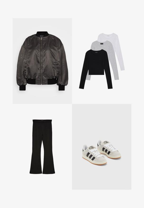 Zwarte bomberjack van een glad, glanzend materiaal met een ritssluiting aan de voorkant, geribbelde kraag en manchetten, en zijzakken. Heeft een ontspannen pasvorm.; Drie langmouwige tops gestapeld: zwart, grijs en wit. Elke top heeft een ronde halslijn en een cropped ontwerp van soepel, lichtgewicht materiaal.; Zwarte flare leggings gemaakt van rekbaar materiaal. Beschikt over een brede tailleband en een zachte textuur, met een getailleerd silhouet dat uitloopt bij de zoom.; Grijze nubucklederen sneakers met witte veters, zwarte strepen en een witte rubberen zool. Bevat een rond logo op de tong en een gumzool.
