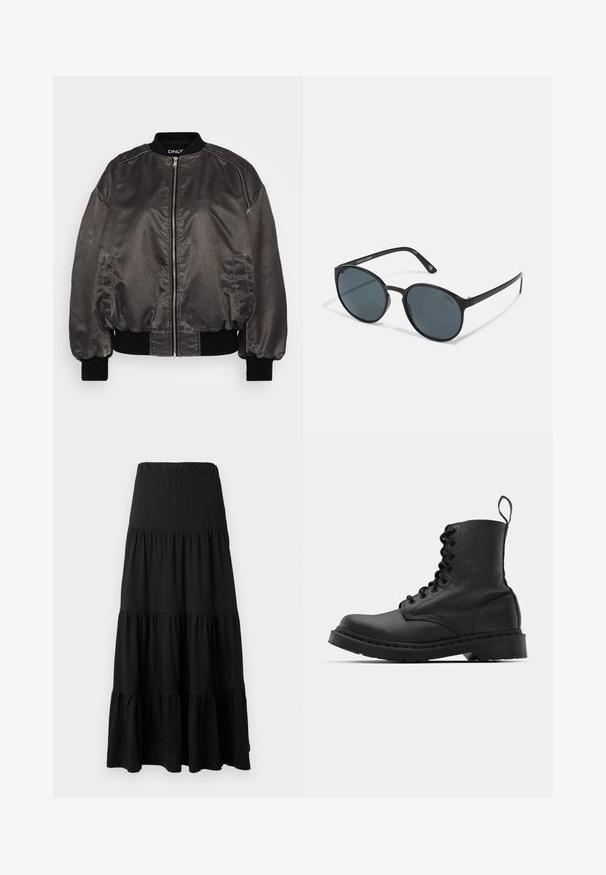 Sort bomberjakke i et glat, blankt materiale med lynlås foran, ribbet krave og manchetter samt sidelommer. Har en afslappet pasform.; Sort langærmet performance top med høj hals, strækstof og kontrasterende grå linjemønstre med "MISBHV" logoet på fronten.; Sort maxiskørt lavet af blødt stof, med et lagdelt design, elastisk linning og rufflede detaljer i kanten.; Sort læder kampstøvle med rund tå, snørebånd foran og en løkke ved anklen. Har en tyk gummisål for holdbarhed.; Runde sorte solbriller med mørke linser, lavet af plast. Slanke stænger med branding på siden, prydet med en glat overflade og subtile detaljer.