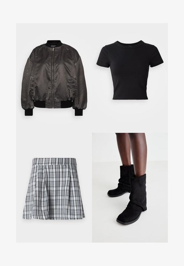 Giacca bomber nera in un materiale liscio e lucido, con zip frontale, colletto e polsini a costine, e tasche laterali. Presenta un design dal fit rilassato.; T-shirt nera cropped in cotone solido, con maniche corte e scollatura tonda, dal design liscio e semplice.; Gonna mini a quadri grigia e bianca, caratterizzata da pieghe e una vita. Realizzata in tessuto leggero, con strisce verticali e orizzontali.; Stivaletti neri in suede a caviglia con un design morbido, dotati di suola piatta e punta quadrata, esposti su gambe scure su uno sfondo chiaro.