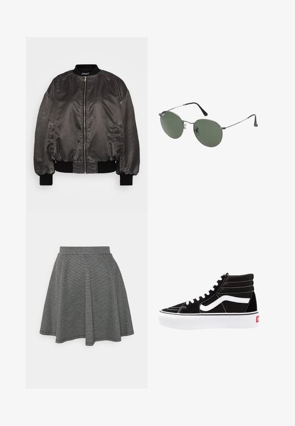 Juodas bomber tipo švarkas iš lygios, blizgios medžiagos su užtrauktuku priekyje, raukšlėtu apykakle ir rankogaliais bei šoninėmis kišenėmis. Pasižymi laisvu pritaikymu.; Juodas kanalų rašto trumpas topas su apvaliu iškirpimu ir be rankovių dizainu. Pagaminta iš minkštos, elastingos medžiagos, kurios kraštai tvarkingai apdirbti.; Juodos ir baltos laukų rašto šokių sijonas su prigludusia juosmens dalimi ir platėjančiu apačiu, pagamintas iš tekstūruoto audinio, kuriame pateiktas klasikinis raštas.; Juodi aukšti sportbačiai su baltais raišteliais, baltu logotipu ir kontrastinga balta siuvinėta. Turi storą baltą padas ir tekstūruotą zomšos viršutinę dalį.; Metaliniai akiniai su ovaliais žaliais lęšiais. Plonas sidabro spalvos metalinis rėmas ir juodi ausų laikikliai. Minimalistinis dizainas, be matomų logotipų.