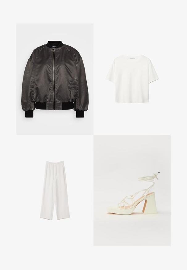 Schwarze Bomberjacke aus einem glatten, glänzenden Material mit einem Reißverschluss an der Vorderseite, geripptem Kragen und Bündchen sowie seitlichen Taschen. Sie bietet einen lässigen Schnitt.; Weißes T-Shirt mit kurzen Ärmeln aus Baumwolle. Hat einen Rundhalsausschnitt und eine lockere Passform. Glatte Textur ohne sichtbare Muster oder Akzente.; Weiße weit geschnittene Hose aus leichtem Stoff. Mit einem elastischen Bund und Kordelzug sowie Seitentaschen. Glatte Textur.; Weiße High-Heel-Sandale mit einem klobigen Absatz, die über ein Riemchendesign und ein Knöchelband verfügt. Glatte Textur mit einer Plattform vorne für zusätzliche Höhe.