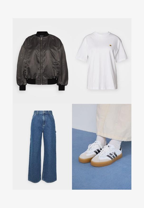 Fekete bomber dzseki sima, fényes anyagból, cipzáros elülső résszel, bordázott gallérral és mandzsettákkal, valamint oldalsó zsebekkel. Lazább szabású.; Fehér pamut póló laza szabással, rövid ujjakkal és egy kis hímzett logóval a bal mellrészén.; Széles szárú, kék farmernadrág magas derékkal, kontrasztos varrással és oldalsó zsebekkel, klasszikus öt zsebes kialakítással és nyers szegéllyel.; Fehér sportcipő fekete csíkokkal és bézs velúr részletekkel. Texturált gumi talppal és lapos fehér fűzőkkel rendelkezik, világos színű zoknival viselve.