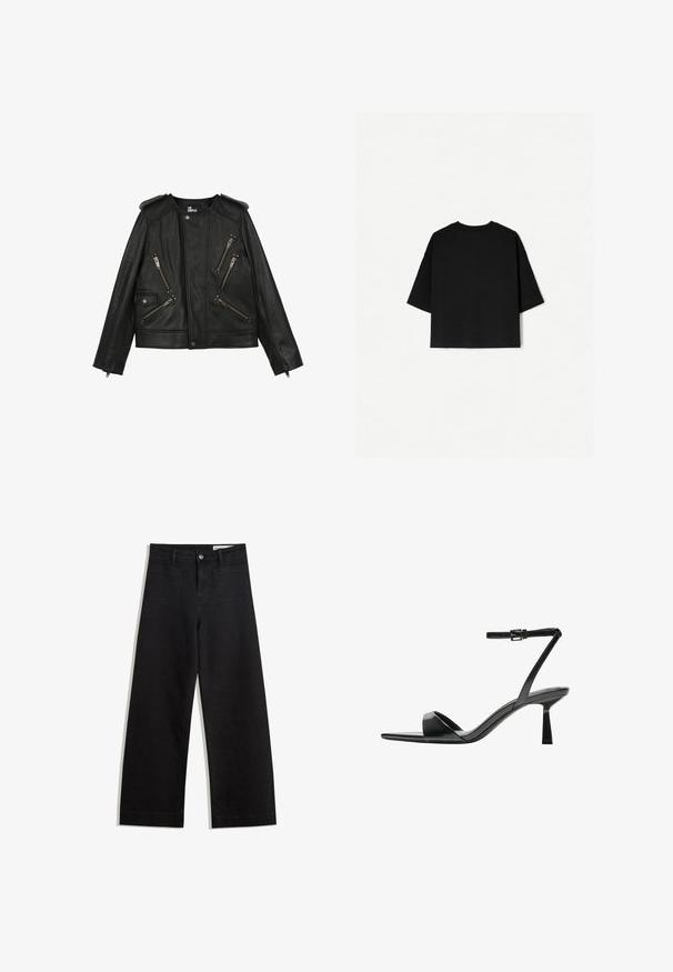 Sort læder bikerjakke med flere lynlåslommer, struktureret overflade, skulderepaulettes og en cropped design. Lynlåse i sølv.; Sort oversized T-shirt med korte ærmer, rund halsudskæring og lige kant. Fremstillet af blødt bomuldsstof med en glat tekstur. Kun bagview.; Sorte wide-leg denim bukser med høj talje, der har front- og baglommer, syede sømme og en knaplukning. Glat tekstur.; Bershka Højhælede sandaletter / Højhælede sandaler - black