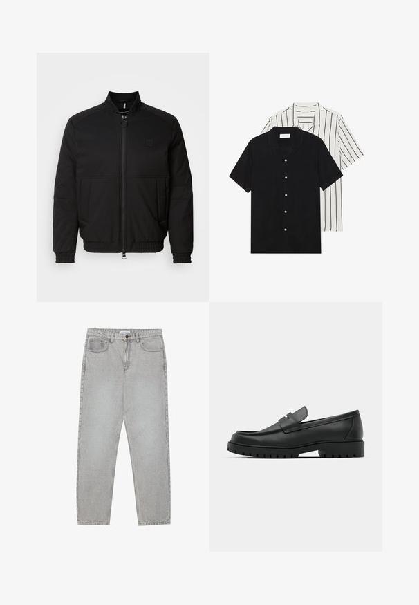 Chaqueta bomber negra con cremallera frontal, cuello alto y puños elásticos. Presenta bolsillos laterales y un pequeño parche con logotipo en el pecho.; Dos camisetas de manga corta: una de color negro sólido y otra blanca con rayas verticales negras. Ambas tienen cierre de botones y un cuello clásico.; Pantalones de mezclilla gris claro con un diseño de pierna recta, estilo de cinco bolsillos y cierre de botón. Costuras visibles a lo largo de las costuras.; Mocasines de cuero negro con punta redonda, que cuentan con un diseño cosido, suela de plataforma baja y una suela de goma texturada y con tacos.