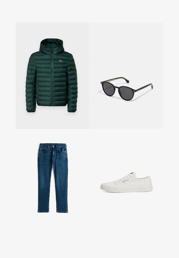 Casaco acolchoado verde com capuz, apresentando costura em matelassé horizontal, um fecho de correr à frente e um pequeno logótipo bordado no peito.; Camiseta de algodão vermelha com mangas curtas, gola redonda e um pequeno logótipo no lado esquerdo do peito. Textura suave e corte regular.; Jeans de ganga azul escura, design de perna reta, estilo de cinco bolsos, com um leve desgaste e costura em contraste, fecho em botão metálico e zíper.; Tênis brancos de canvas com sola de borracha plana, bico redondo e cinco pares de ilhós, apresentando uma pequena etiqueta de logotipo na lateral.; BOSS Óculos de sol - black