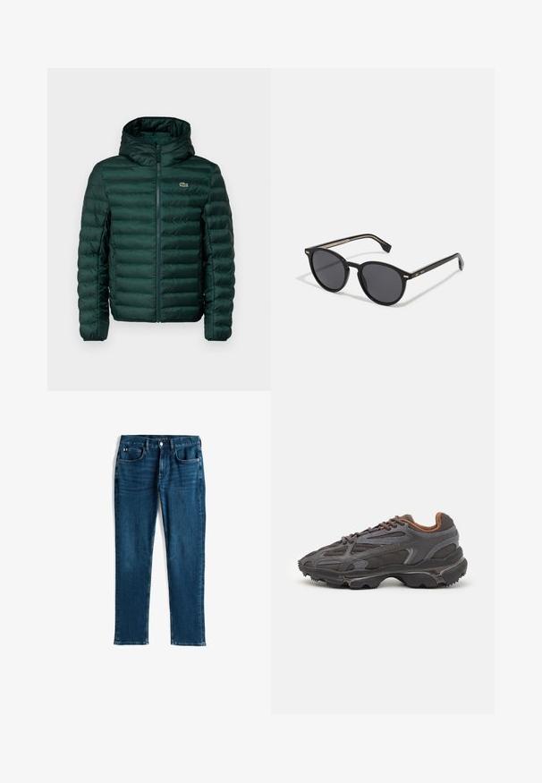 Grønn polstret jakke med hette, med horisontale quiltede sømmer, en frontglidelås og en liten brodert logo på brystet.; Rød bomulls t-skjorte med korte ermer, rund hals og en liten logo på venstre bryst. Glatt tekstur og vanlig passform.; Mørkeblå denimjeans, rett ben-design, fem-lommers stil, med subtile slit og kontrastsøm, metallknapp og glidelås-lukking.; Lacoste-sneakers i mørkegrått med mesh- og syntetisk materiale, med en teksturert såle og brune detaljer på kragen og merket.; BOSS Solbriller - black