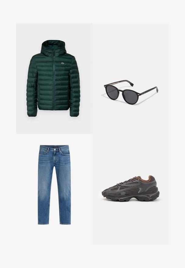 Zelena podstavljena jakna s kapuljačom, s horizontalnim kviltanim šavovima, prednjim patentnim zatvaračem i malim izvezenim logotipom na prsima.; Crvena pamučna majica s kratkim rukavima, okruglim izrezom i malim logom na lijevoj strani prsiju. Glatka tekstura i regularna kroja.; Svijetloplave traperice s ravnim krojem, izbljeđeni pranjem, pet džepovima, kontrastnim šavovima i prednjim patentnim zatvaračem.; Lacoste tenisice u tamno sivoj boji s mrežastim i sintetičkim materijalom, s teksturiranom potplatom i smešnim akcentima na ovratniku i brandiranju.; BOSS Sunčane naočale - black