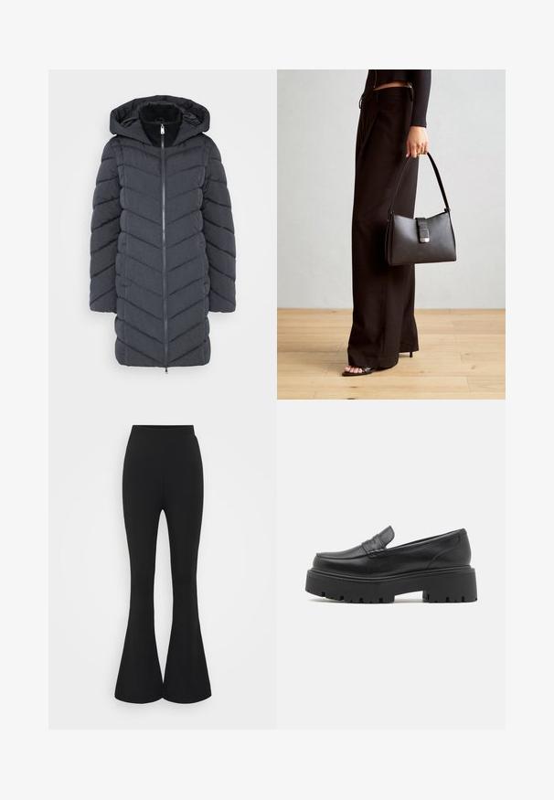 Sötétszürke steppelt kabát kapucnival, elől cipzáros záródással és chevron mintázattal. Simább, textúrált anyagból készült.; Fekete, hosszú ujjú, bordázott anyagból készült póló. Kerek nyakkivágással és testhezálló fazonnal rendelkezik. Egyszerű dizájn, minták vagy díszítések nélkül.; Fekete, bővülő nadrág rugalmas anyagból. A dizájn magas derékkal és térd alatt szélesedő szegéllyel rendelkezik.; Fekete bőr loafer-ek alacsony, vaskos gumitalpakkal, varrott díszítéssel a felső részen és sima felülettel.; Fekete kézi táska strukturált formával, sima textúrával és fémből készült záródással. Széles fekete nadrággal és nyitott orrú szandállal párosítva, fából készült padlón.