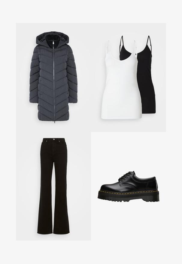 Tmavo šedý puffový kabát s kapucňou, s predným zipsom a vzorom v tvare šípky. Vyrobený z hladkej, textúrovanej látky.; Dve dámske tielka: jedno biele a jedno čierne, vyrobené z mäkkého materiálu, s tenkými ramienkami a hlbokým výstrihom do V.; Čierne riflové nohavice s vysokým pásom a rozšírenými nohavicami, s gombíkovým zapínaním, bočnými vreckami a hladkou textúrou.; Čierne kožené šnurovacie topánky s hrubou, zúbkovanou čiernou gumovou podrážkou a žltým prešívaním pozdĺž okraja, s hladkým povrchom.