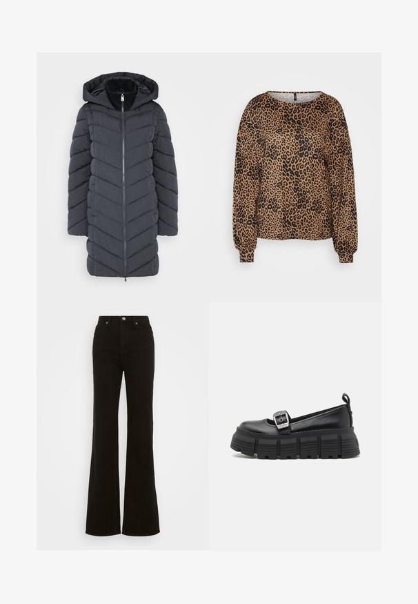 Mørk grå pufferjakke med hette, med glidelås foran og chevron-quiltet mønster. Laget av et glatt, teksturert stoff.; Brun langermet genser med svart leopardmønster, vid halskant og elastiske mansjetter. Mykt, teksturert stoff med avslappet passform.; Høyt liv svarte utsvingte jeans laget av denim, med knappelukking, sidelommer og en glatt tekstur.; Sorte plattform loafers med avrundet tå, glatt lær-overside, justerbar spenne og teksturert gummisåle med horisontale riller.