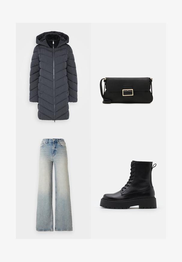 Tumši pelēks pūkains mētelis ar kapuci, ar jostu priekšpusē un čevrona šūšanas rakstu. Izgatavots no gludas, teksturētas auduma.; Melnas garām piedurknēm tops, izgatavots no gludas auduma, ar apaļu apkakli un savielkumiem plecu un aproču daļās.; Gai zilu platā kāja džinsi, kas izgatavoti no denima, ar augstu jostasvietu, piecām kabatām un redzamu dūrienu gar šuvēm.; Melni ādas potītēm zābaki ar apļveida purngalu, auklām priekšpusē un biezu gumijas zoli ar teksturētu protektoru. Velkšanas cilpa aizmugurē.; Melnas ādas saķeres soma ar atloku un zelta metāla sprādzi. Ietver melnu siksnu un elegantu, minimālistisku dizainu.; Zelta krāsas auskari gredzena formā, plāni un apaļi, ar gludu metāla apdari un bez rotājumiem vai zīmējumiem.