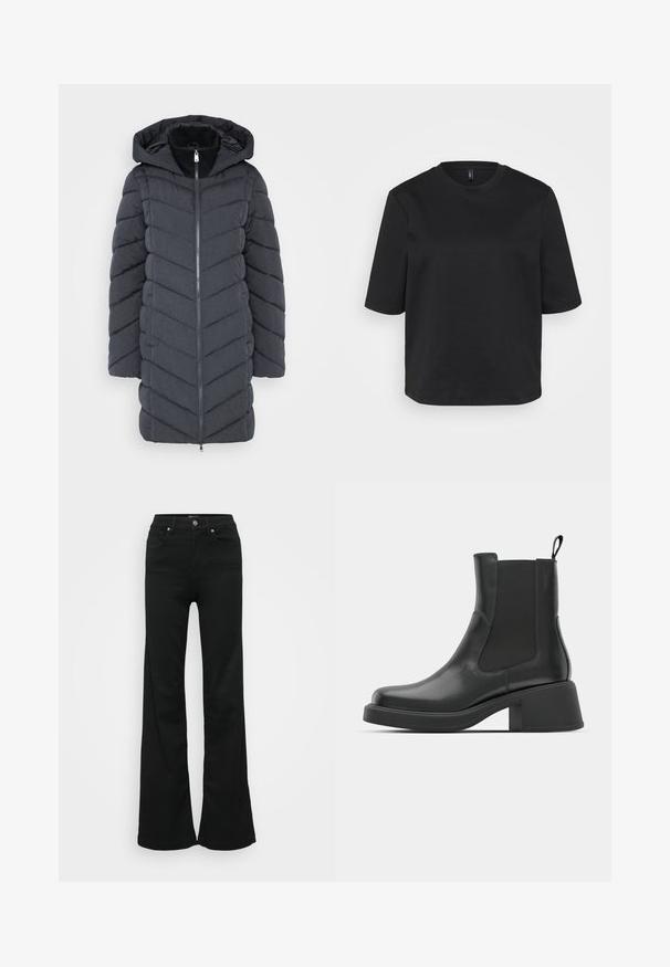 Světlá šedá péřová bunda s kapucí, která má zipový přední uzávěr a vzor ve tvaru šípů. Vyrobeno z hladké, strukturované tkaniny.; Černé tričko s kulatým výstřihem vyrobené z bavlny, s krátkými rukávy a volným střihem. Hladký povrch bez viditelných vzorů nebo akcentů.; Černé zvonové džíny vyrobené z denimu, s vysokým pasem, pěti kapsami a kovovým zapínáním. Hladká textura s minimálním zdobením.; Černé kožené kotníkové boty s elastickými bočními panely, kulatou špičkou a silným blokovým podpatkem. Hladká textura s minimalistickým designem.