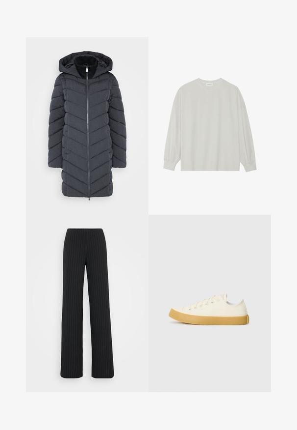 Mørkegrå pufferjakke med hætte, der har en lynlåslukning fortil og et chevron-quiltet mønster. Lavet af et glat, struktureret stof.; Lys grå langærmet t-shirt lavet af blød bomuld. Har en løs pasform, rund halsudskæring og let indsamlede manchetter. Ingen mønstre eller grafikker.; Vero Moda Tall VMBERLIN MY WIDE - Bukser - obsidian/oatmeal; Læder sneakers i off-white med rund tå, der har beige gummisåler og fem øjer til snørebånd, struktureret finish på overdelen.