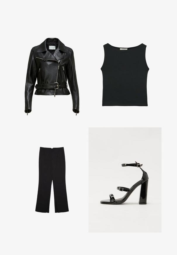 Schwarze Leder-Motorradjacke mit einem taillierten Gürtel, silbernen Reißverschlüssen und einem spitzen Kragen. Verfügt über ein strukturiertes Material und umfangreiche Nähdetails.; Schwarzes ärmelloses Oberteil aus glattem Stoff, mit einem runden Ausschnitt und einer figurbetonten Passform, ohne sichtbare Muster oder Verzierungen.; Schwarze Hose mit geradem Schnitt, ausgestattet mit Fronttaschen und Seitenschlitzen am Saum. Hergestellt aus weichem, glattem Stoff. Geeignet für verschiedene Anlässe.; Schwarze patentierte Sandalen mit Absatz, quadratischer Spitze, Knöchelriemen und silbernen Schnallen. Mit einem stabilen Blockabsatz für mehr Stabilität.