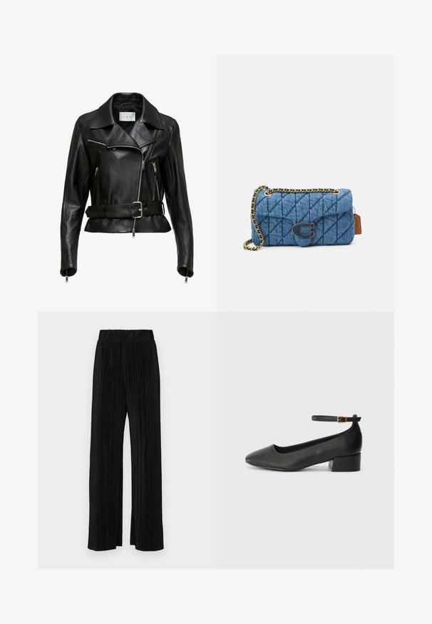 Giacca da moto in pelle nera con vita regolabile, zip argentate e colletto a punta. Presenta un materiale testurizzato e dettagli di cucitura abbondanti.; T-shirt in cotone nero con scollatura rotonda, maniche corte e vestibilità rilassata. Texture liscia e nessun motivo o decorazione visibile.; Pantaloni neri a plissé con vita elasticizzata. Presentano gamba ampia e un tessuto liscio e texture con strisce verticali.; Pump in pelle nera con punta affusolata e tacco basso a blocco. Presenta una cinghia alla caviglia con una fibbia in tonalità oro. Texture liscia.; Borsa a spalla in denim trapuntato blu con tracolla in catena dorata e un accentuato logo dorato sul davanti. Forma rettangolare compatta.