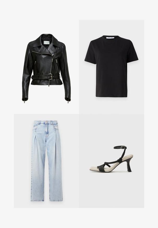 Fekete bőr motoros dzseki övvel a deréknál, ezüst cipzárakkal és hegyes gallérral. Anyaga textúrált, és gazdag varrási részletekkel rendelkezik.; Fekete, rövid ujjú póló, puha pamutból készült, kerek nyakkivágással, laza szabással és sima textúrával. Nincs látható minta vagy grafikák.; Világoskék farmernadrág magas derekú, bő szabású, két oldalsó zsebbel és pliszírozott dizájnnal. Puha tapintású, elhalványított felület.; Fekete sarkú szandál fonott pánttal, négyzet alakú orral és állítható bokapánttal. Világos bézs talpbetét fényes fekete sarkával.