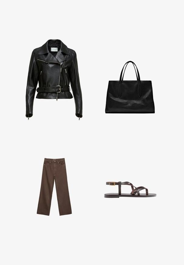 Schwarze Leder-Motorradjacke mit einem taillierten Gürtel, silbernen Reißverschlüssen und einem spitzen Kragen. Verfügt über ein strukturiertes Material und umfangreiche Nähdetails.; Braunes, kurzärmliges T-Shirt aus weichem Material mit rundem Halsausschnitt und lockerer Passform. Keine sichtbaren Muster oder Akzente.; Weite braune Jeans aus Denim, mit hoher Taille, Fronttaschen und klassischem Knopfverschluss. Glatte Textur mit feinen Nähten.; Braune Leder-Sandale mit überkreuzten Riemen, einem Knöchelriemen mit Schnalle und einer flachen Sohle mit minimalen Nähdetails.; Schwarze Leder-Tote mit zwei langen Griffen, einer strukturierten Form, glatter Textur und minimalistischem Design. Keine sichtbaren Beschläge oder Akzente.