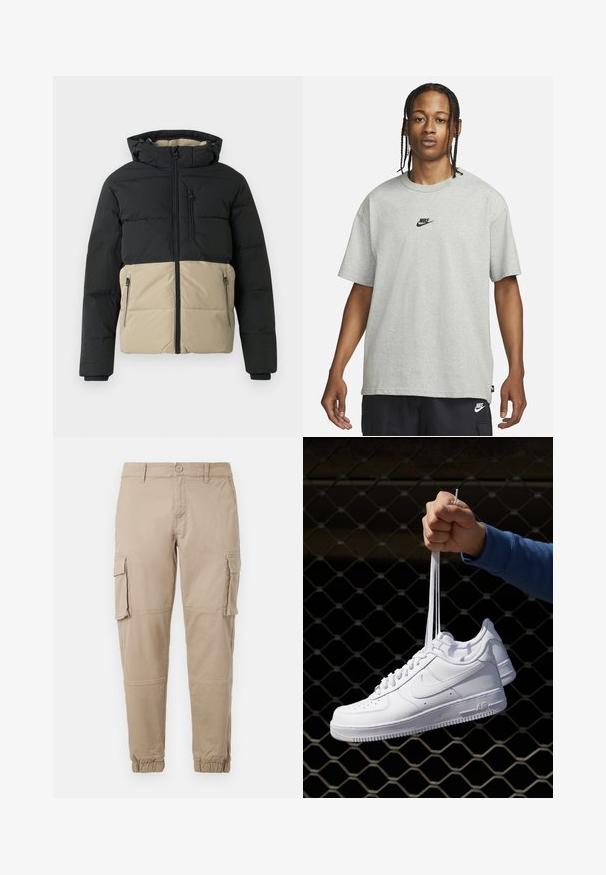 Puffer jacket with a black upper and beige lower section. Features a front zipper, zippered side pockets, and a hood. Textured fabric.; Young person with braided hair wearing a light gray Nike T-shirt and black Nike shorts against a plain white background.; Beige cargo pants in a lightweight cotton material. Features elastic cuffs, multiple side pockets, and a button closure.; White leather sneakers with perforations, round toe, flat sole, and thick laces, featuring a visible swoosh logo and "AIR" on the heel.