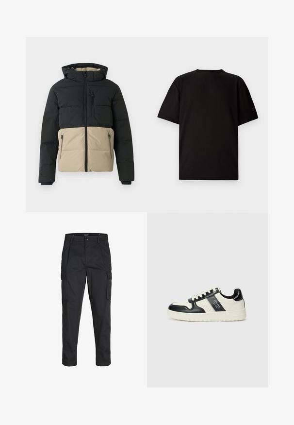 Jakna od puffer materijala s crnim gornjim dijelom i bež donjim dijelom. Sadrži prednji patentni zatvarač, bočne džepove sa patentnim zatvaračem i kapuljaču. Teksturirani materijal.; Crni kratki rukav T-shirt izrađen od rebrastog materijala. Ima okruglu izrezanu vratnicu i opušten kroj s glatkom teksturom. Samo stražnji pogled.; Crne cargo hlače izrađene od čvrstog materijala, s brojnim džepovima, kopčanjem na gumb i dizajnom koji pomaže da se prilagode tijelu sa suženim nogavicama.; Kožne tenisice s crno-bijelom paletom boja, koje imaju perforirane akcentne detalje, podstavljeni ovratnik i teksturiranu potplat.