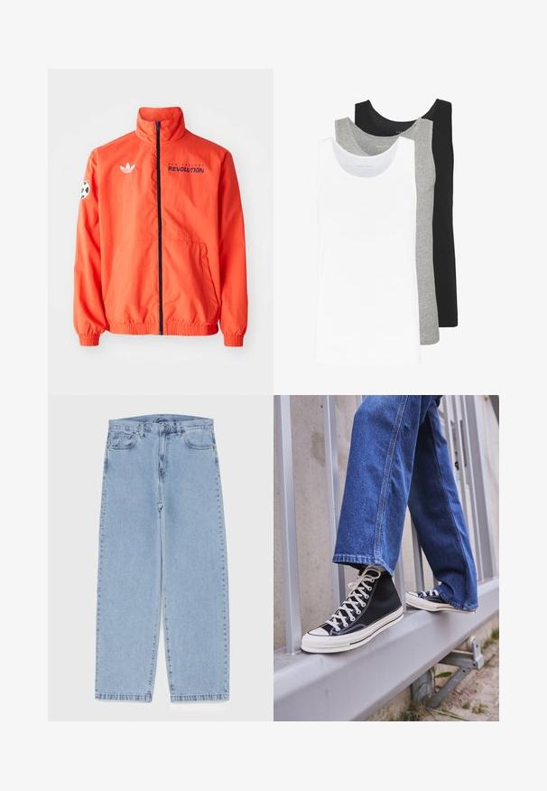 adidas Originals NEW ENGLAND REVOLUTION ORIGINALS ANTHEM JACKET - Landslagströjor - bright red/white; Tre linnen i vitt, grått och svart. Varje linne har en klassisk ärmlös design, tillverkat av lätt bomullstyg med ribbad struktur.; Ljusblå denimjeans med rak bendesign, midjehög midja, fem fickor samt knapp- och dragkedjestängning.; Svarta högskurna sneakers med vit sula och snören, tillsammans med lösa blå jeans, vilande på ett grått räcke.