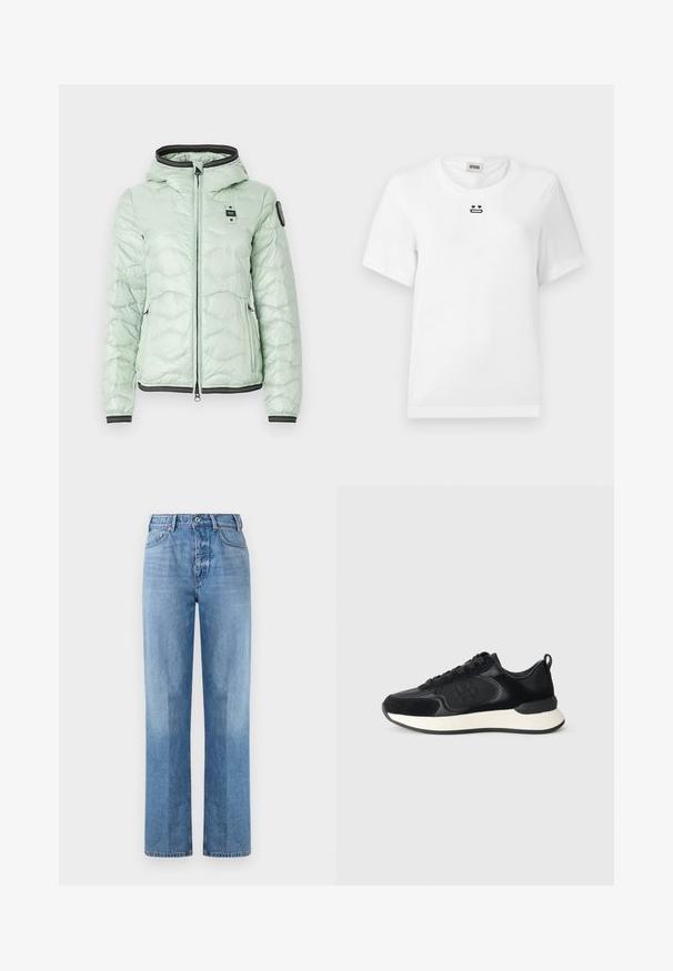 Light green puffer jacket, featuring a hood, zip closure, and ribbed cuffs. Textured pattern with a branded patch on chest and black accents.; White cotton t-shirt with short sleeves, featuring a small black graphic design of a face with heart eyes and a straight mouth on the chest.; Light blue denim jeans with a straight-leg design, featuring a high waist, five pockets, and visible stitching. The texture is smooth and classic.; Black athletic shoe with a smooth leather upper, suede accents, round toe, and a contrasting white midsole. Features lace closure and logo detail.