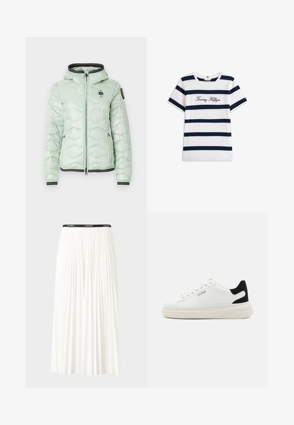 Light green puffer jacket, featuring a hood, zip closure, and ribbed cuffs. Textured pattern with a branded patch on chest and black accents.; Cotton T-shirt with horizontal navy stripes on a white background. "Tommy Hilfiger" embroidered in cursive on the chest. Crew neckline.; Pleated white skirt with a black elastic waistband featuring the "LACOSTE" logo. Mid-length design with soft texture.; White leather sneakers with a thick white sole, black suede heel accent, and embossed logo on the side. Laced design with six eyelets.