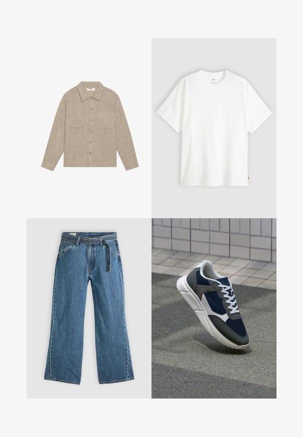 Jaqueta de camisa texturizada, castanho claro, com colarinho, fecho frontal por botões e dois bolsos no peito. Design simples e casual.; T-shirt branca de manga curta, feita de algodão, com decote redondo. Apresenta um discreto detalhe de logotipo em relevo na frente e uma etiqueta vermelha na bainha.; Jeans de ganga azuis de perna larga com cinto preso, bolsos frontais e costura visível sobre um fundo claro.; Sapatilha com parte superior em malha azul-marinho, detalhes em camurça cinza, sola de borracha branca e atacadores brancos planos, projetada para conforto e respirabilidade.