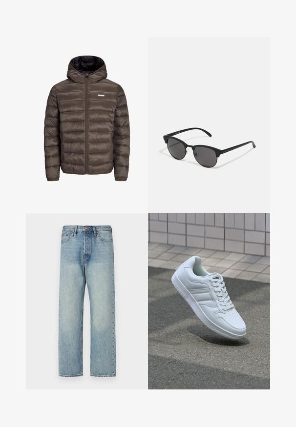 Chaqueta marrón, acolchada, con capucha y cierre de cremallera en el frente, con costuras horizontales y dos bolsillos laterales. Forrada con tejido negro.; Dos camisetas polo: una de color azul marino y otra blanca, ambas con un pequeño acento en rojo, blanco y azul en el bolsillo del pecho y el cuello.; Jeans de mezclilla azul claro con un diseño de pierna recta, cinco bolsillos y herrajes en bronce. Mínima decoloración con un acabado limpio.; Zapatilla atlética blanca con parte superior de cuero suave, cierre de cordones en el frente, puntera perforada y suela con patrón. Diseño minimalista con tres rayas laterales.; Gafas de sol negras con lentes redondos, acabado mate y una distintiva forma de ojo de gato. Patillas delgadas con un sutil branding en la patilla izquierda.