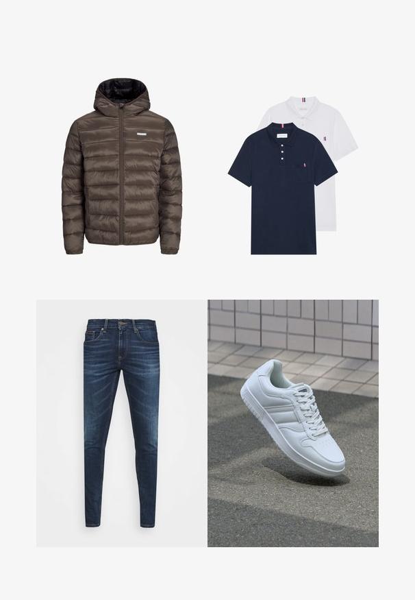 Brun, puffy, hettejakke med glidelås foran, med horisontale sømmer og to sidelommer. Fôret med svart stoff.; To polo skjorter: en marineblå og en hvit, begge med en liten rød, hvit og blå aksent på brystlommen og kragen.; Mørkeblå denimjeans med smal passform, subtil falming, fem lommer og metallknaplukking. Sømmer i kontrastfarge.; Hvit atletisk sneaker med glatt skinnoverside, snøring foran, perforert tå og mønstrets såle. Minimalistisk design med tre side-striper.