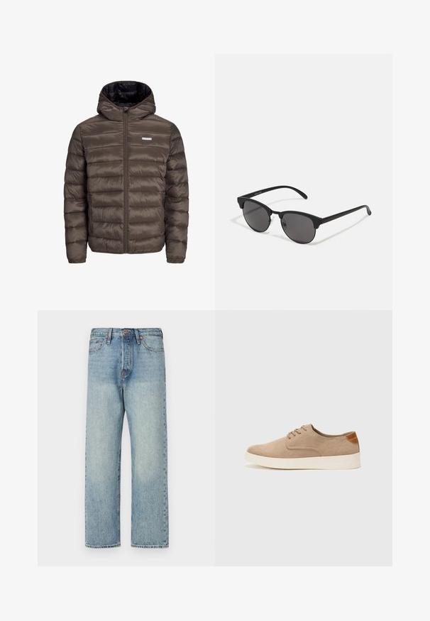 Chaqueta marrón, acolchada, con capucha y cierre de cremallera en el frente, con costuras horizontales y dos bolsillos laterales. Forrada con tejido negro.; Camiseta blanca de manga corta en textura acanalada. Cuello redondo, corte relajado, sin patrones ni acentos visibles. Diseño simple y versátil.; Jeans de mezclilla azul claro con un diseño de pierna recta, cinco bolsillos y herrajes en bronce. Mínima decoloración con un acabado limpio.; Zapatillas de ante beige con puntera redondeada, cordones en la parte delantera y un acento texturizado en la parte trasera. La suela de goma blanca proporciona contraste. Diseño sencillo y moderno.; Gafas de sol negras con lentes redondos, acabado mate y una distintiva forma de ojo de gato. Patillas delgadas con un sutil branding en la patilla izquierda.