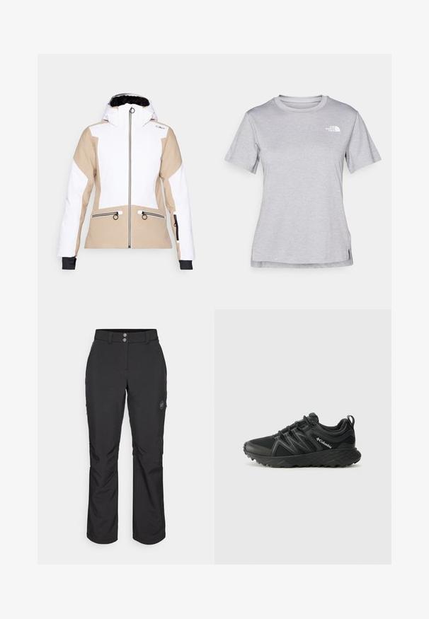 Skijacke in Weiß und Beige mit Reißverschluss vorne, zwei frontalen Taschen, verstellbarer Kapuze und schwarzen Handgelenkbündchen. Texturierte Stoffakzente.; Graues T-Shirt mit kurzen Ärmeln aus weichem, feuchtigkeitsableitendem Stoff. Hat einen Rundhalsausschnitt und ein kleines weißes Logo auf der oberen linken Seite.; Schwarze Outdoor-Hosen mit geradem Schnitt, Knopfverschluss, seitlichen Reißverschlusstaschen und einem Logo-Patch auf dem linken Oberschenkel.; Columbia PEAKFREAK - Hikingschuh - black