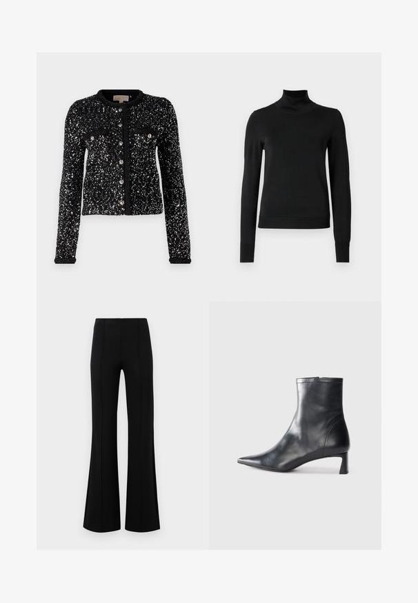 Czarny kardigan z cekinowym wzorem, posiadający długie rękawy, okrągły dekolt oraz zapięcie na guziki z dwoma przednimi kieszeniami.; Czarny sweter z długim rękawem i stojącym kołnierzem, z prążkowanymi mankietami i dołem, zaprezentowany na białym tle.; Czarne rozszerzane spodnie z wysokim stanem, wykonane z elastycznego materiału. Posiadają pionowe szwy z przodu oraz gładką teksturę.; Czarne skórzane botki sięgające kostki z ostrym noskiem i eleganckim designem. Posiadają niski obcas oraz zamek błyskawiczny z tyłu. Gładka faktura.