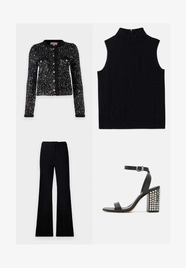 Čierny kardigán s flitrovým dizajnom, dlhými rukávmi, okrúhlym výstrihom a zapínaním na gombíky s dvoma prednými vreckami.; Čierny bezrukávový rolák vyrobený z mäkkého materiálu, s vysokým golierom a zipsom na chrbte. Jednoduchý dizajn bez vzorov alebo akcentov.; Čierne rozšírené nohavice s hladkou textúrou, prispôsobeným pásom a prednými vreckami, navrhnuté s elegantnou, modernou siluetou.; Čierne kožené sandále na podpätku s remienkom okolo členka. Majú štvorecový špičku, hladký povrch a štvorcovú blokovú pätu ozdobenú striebornými cvokmi.