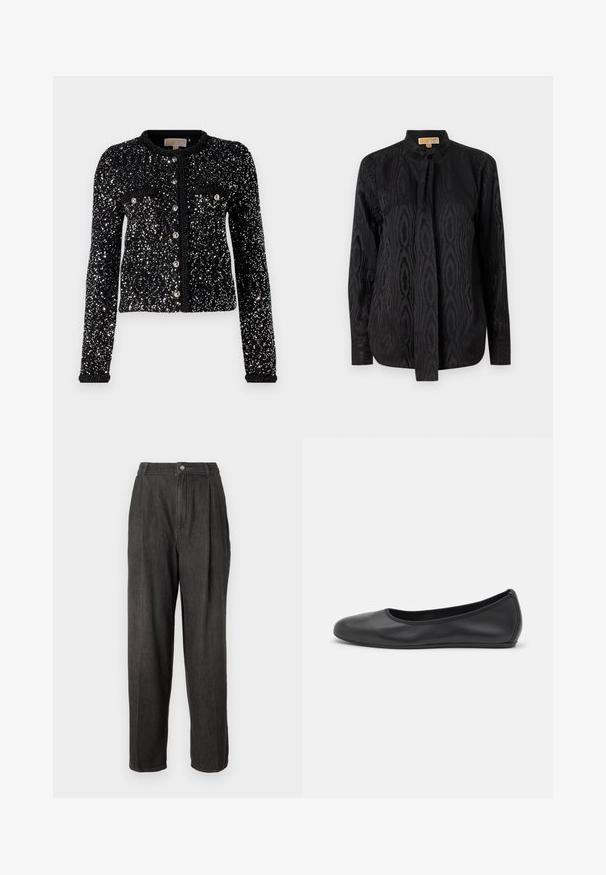 Cardigan noir avec un design de sequins, doté de manches longues, d'un col rond et d'une fermeture à boutons avec deux poches avant.; Blouse noire en tissu lisse, présentant un motif ton sur ton subtil, des manches longues, un col montant et une fermeture à nouer au cou.; Pantalon en denim gris foncé à taille haute, avec des plis à l'avant, des jambes droites et une fermeture à un bouton à la taille.; Ballerines en cuir noir avec un bout rond, texture lisse, détails de couture minimalistes et design de semelle flexible.