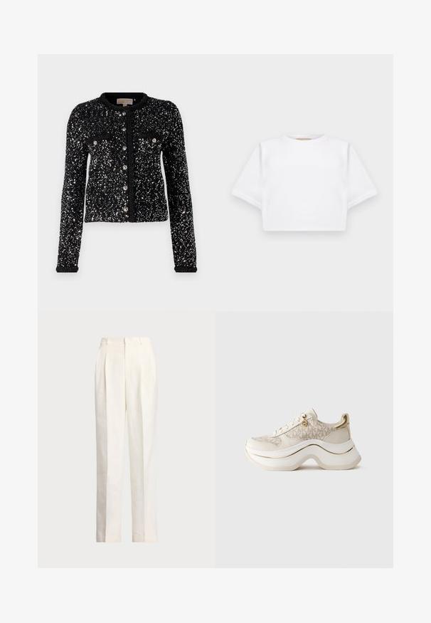 Cardigan nero con design in paillettes, dotato di maniche lunghe, scollatura tonda e chiusura con bottoni, completo di due tasche frontali.; T-shirt bianca cropped realizzata in tessuto morbido, con maniche corte, scollo rotondo e dettagli a costine sull'orlo. Design semplice e senza fronzoli.; Polo Ralph Lauren HEMP WIDE LEG PANT - Pantaloni - nevis; Sneaker platform beige e oro con motivo "MK", chiusura con lacci, charm dorato e suola spessa ondulata su sfondo semplice.
