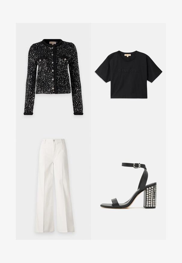 Cárdigan negro con un diseño de lentejuelas, con mangas largas, cuello redondo y cierre de botones, además de dos bolsillos delanteros.; Camiseta corta negra de algodón. Presenta cuello redondo y mangas cortas. "MICHAEL KORS" bordado en color a juego en la parte frontal.; Pantalones de pierna ancha blancos hechos de algodón con una textura suave. Cuenta con un botón delantero, cremallera y un diseño de cuatro bolsillos.; Sandalias de tacón de cuero negro con correa en el tobillo. Presentan una punta cuadrada, textura suave y un tacón cuadrado decorado con tachuelas plateadas.