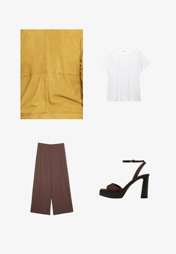 Maze Nahkatakki - yellow; Valkoinen T-paita, joka on valmistettu pehmeästä ja kevyestä kankaasta. Omistaa pyöreän kaula-aukon ja lyhyet, leveät hihat rentoa istuvuutta varten. Ei näkyviä kuvioita.; Ruskeat leveälahkeiset housut, joissa on sileä pinta, korkea vyötärö ja etupleat. Kangas on kevyttä ja laskeutuu väljänä.; Ruske kožne sandale s visokom potpeticom, otvorenim prstima, podesivim kopčanjem oko gležnja i prugastim platformskim đonom.