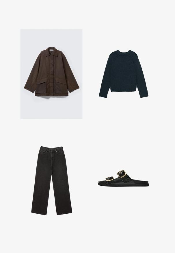 Braune Jacke mit langen Ärmeln, einem Kragen, zwei Fronttaschen und einem geraden Schnitt. Hergestellt aus glattem, leichtem Stoff.; Dunkelgrüner gestrickter Pullover mit Rundhalsausschnitt, langen Raglanärmeln sowie gerippten Bündchen und Saum. Strukturierte Oberfläche mit lockerem Sitz.; Schwarze weit geschnittene Jeans aus Denim, mit kleinen gepunkteten Mustern, klassischem Fünf-Taschen-Design und einem Knopf- und Reißverschluss.; Schwarze Riemensandale mit zwei goldenen Schnallendetails, glattem Material, flachem Sohlen und minimalistischer Gestaltung.