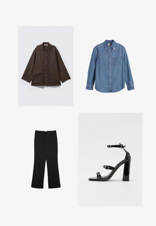 Giacca marrone a maniche lunghe con collo a camicia, due tasche frontali e design a taglio dritto. Realizzata in tessuto liscio e leggero.; Camicia di jeans azzurro chiaro con maniche lunghe, colletto a punta, due tasche sul petto e cuciture a contrasto. Presenta un design a yoke in stile western.; Pantaloni neri a gamba dritta, con tasche frontali e spacchi laterali all'orlo. Realizzati in tessuto morbido e liscio. Adatti a diverse occasioni.; Sandali con tacco alto in vernice nera con due cinturini con fibbia, punta quadrata e tacco spesso a blocco, caratterizzati da una texture liscia e lucida.