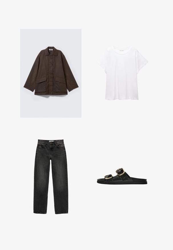 Brun, langærmet jakke med krave, to forlommer og en lige skåret pasform. Fremstillet af glat, let stof.; Hvid T-shirt lavet af blødt, let stof. Har en rund halsudskæring og korte, brede ærmer med en afslappet pasform. Ingen synlige mønstre.; Sort denim jeans med en afslappet pasform, lige ben, fem-lomme design og en let falmet tekstur. Knap- og lynlåslukning foran.; Sort skridsandal med to guldspænder, glat tekstureret materiale, flad sål og et minimalistisk design.