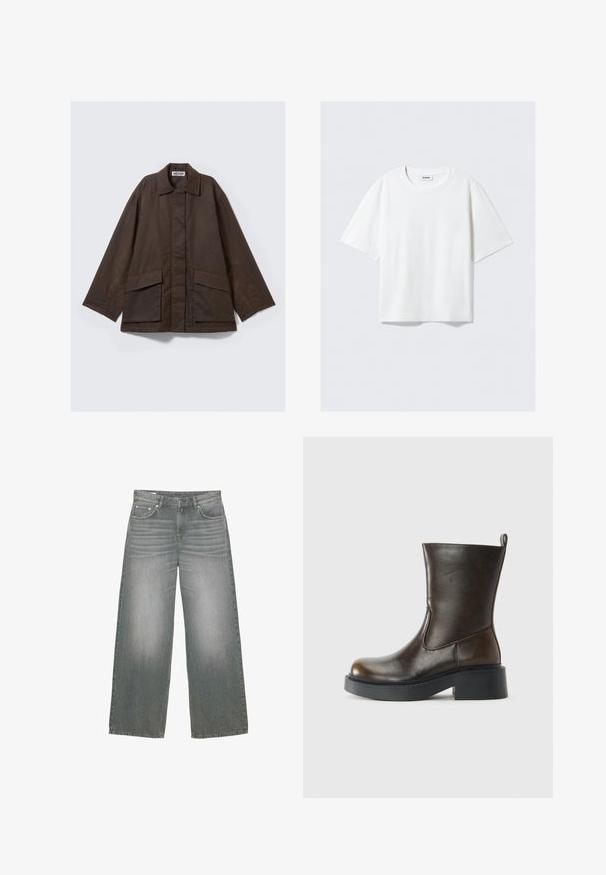 Brun, langærmet jakke med krave, to forlommer og en lige skåret pasform. Fremstillet af glat, let stof.; Hvid kortærmet t-shirt i blødt bomuldsstof med runde halsudskæring og afslappet pasform med lige kant, uden mønstre eller grafik.; Bredde ben, grå denim jeans med en let falmet tekstur, fem-lomme design og klassisk knap- og lynlås lukning.; Mørkebrune læderstøvler til midten af læggen med rund tå, tyk sort sål, lav blokhælel og en trækflap bagpå.