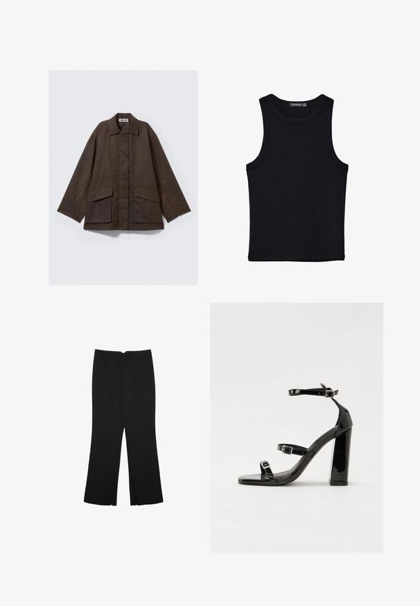 Brun, langærmet jakke med krave, to forlommer og en lige skåret pasform. Fremstillet af glat, let stof.; Sort tank top lavet af bomuld, med rund halsudskæring og brede armhuller. Glat tekstur med syede kanter. Klassisk, minimalistisk design.; Sorte bukser med lige pasform, der har frontlommer og slidser i kanten. Lavet af blødt, glat stof. Velegnet til forskellige anledninger.; Sorte patenterede hælsandaler med firkantet tå, ankelremme og sølvspænder. Har en chunky blokHæl for stabilitet.